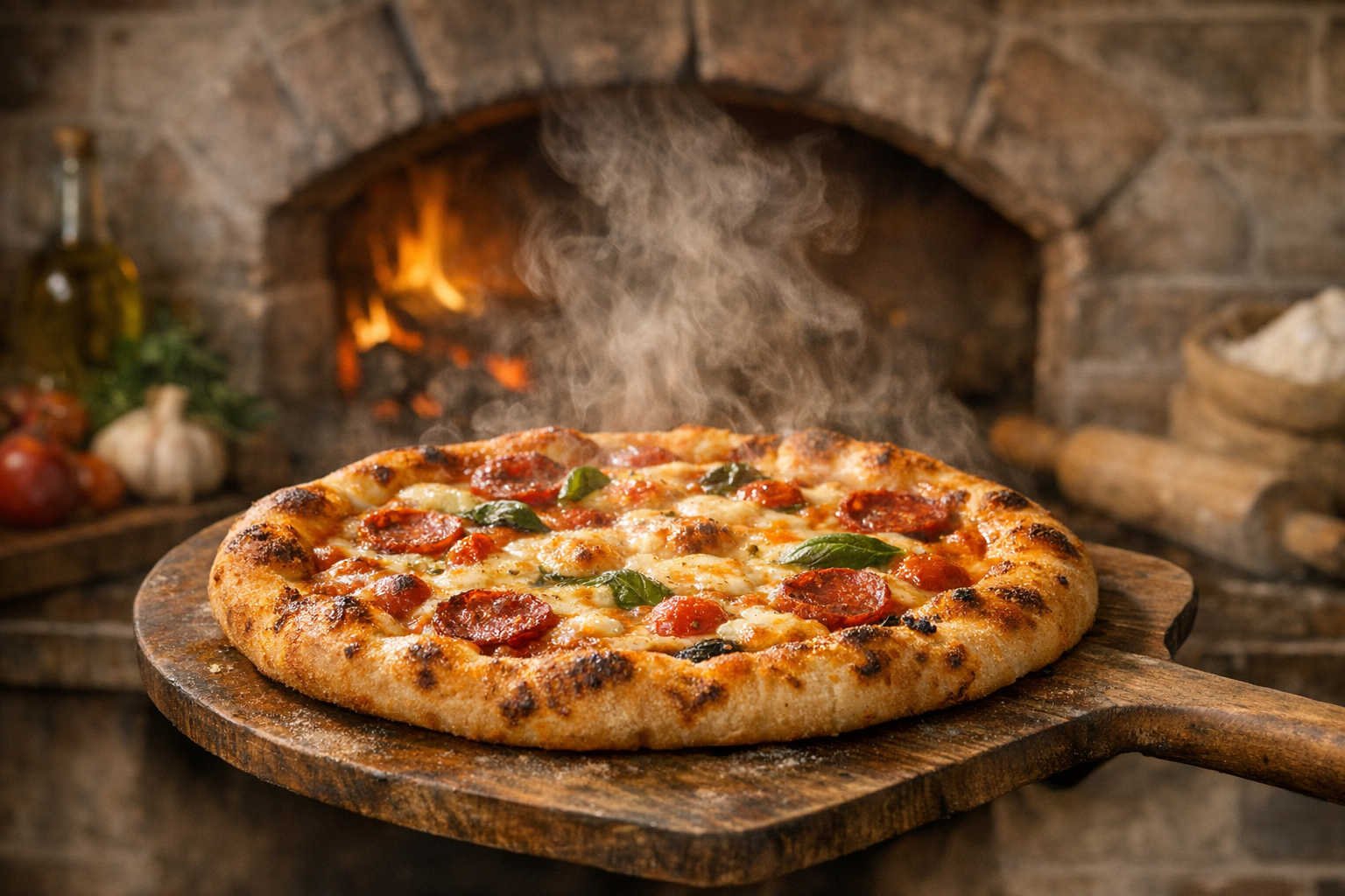 Freshly baked pizza being removed from brick oven