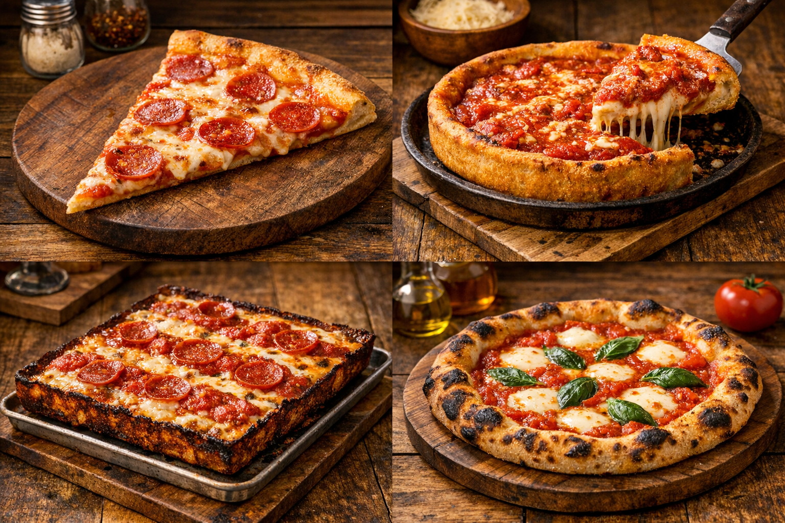 Collection of different regional pizza styles displayed on wooden boards