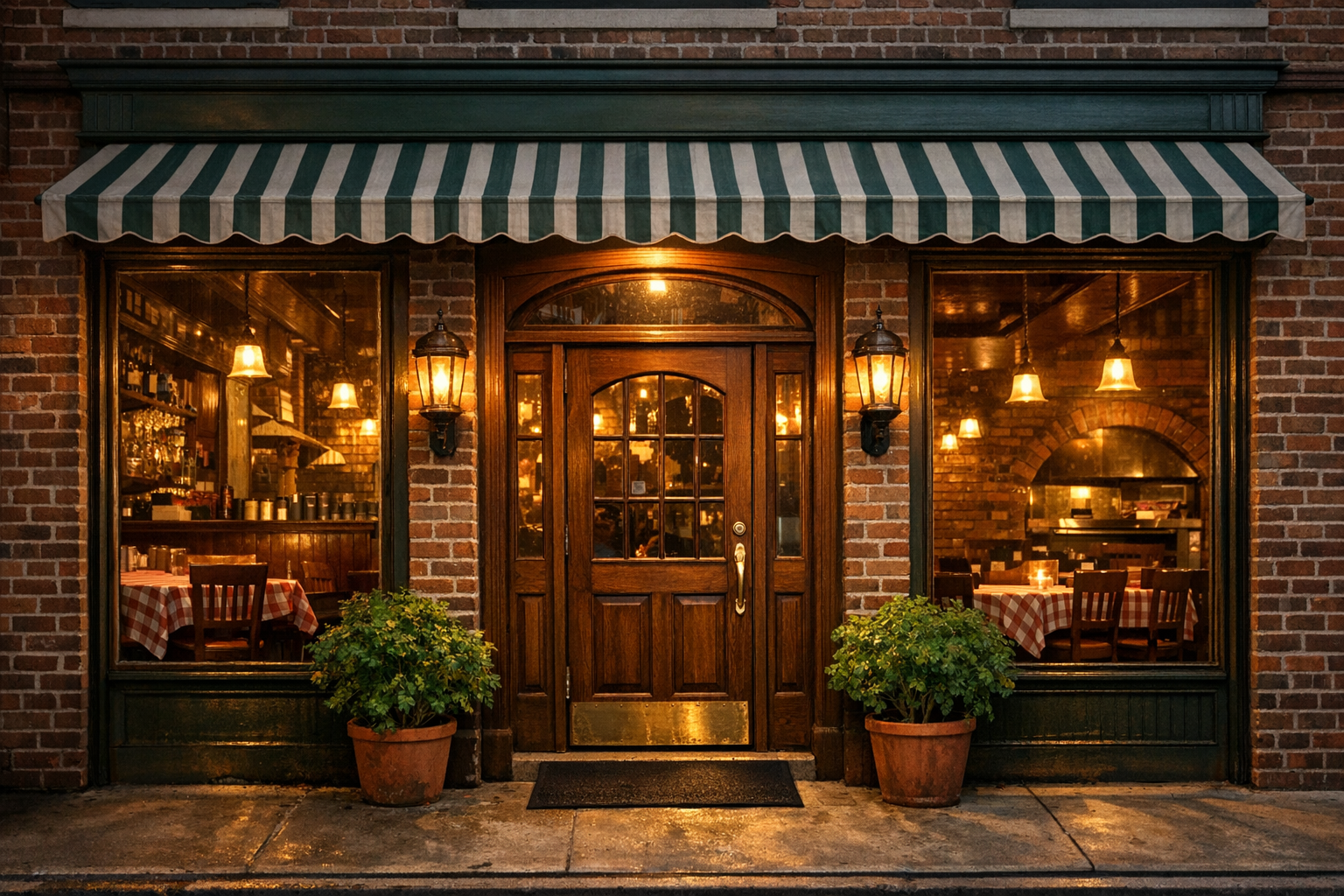 Classic pizzeria storefront with warm lighting and welcoming entrance
