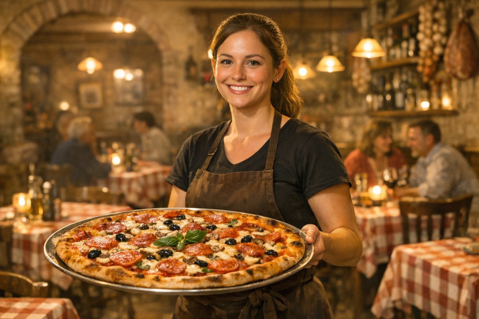 Server carrying pizza