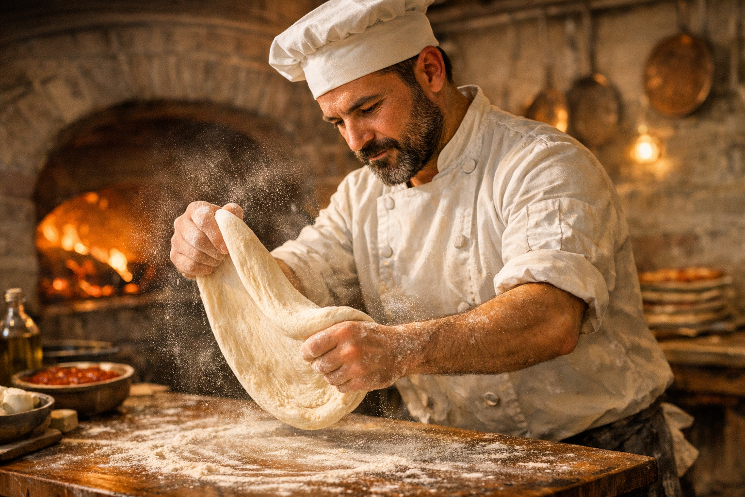 Chef stretching pizza dough