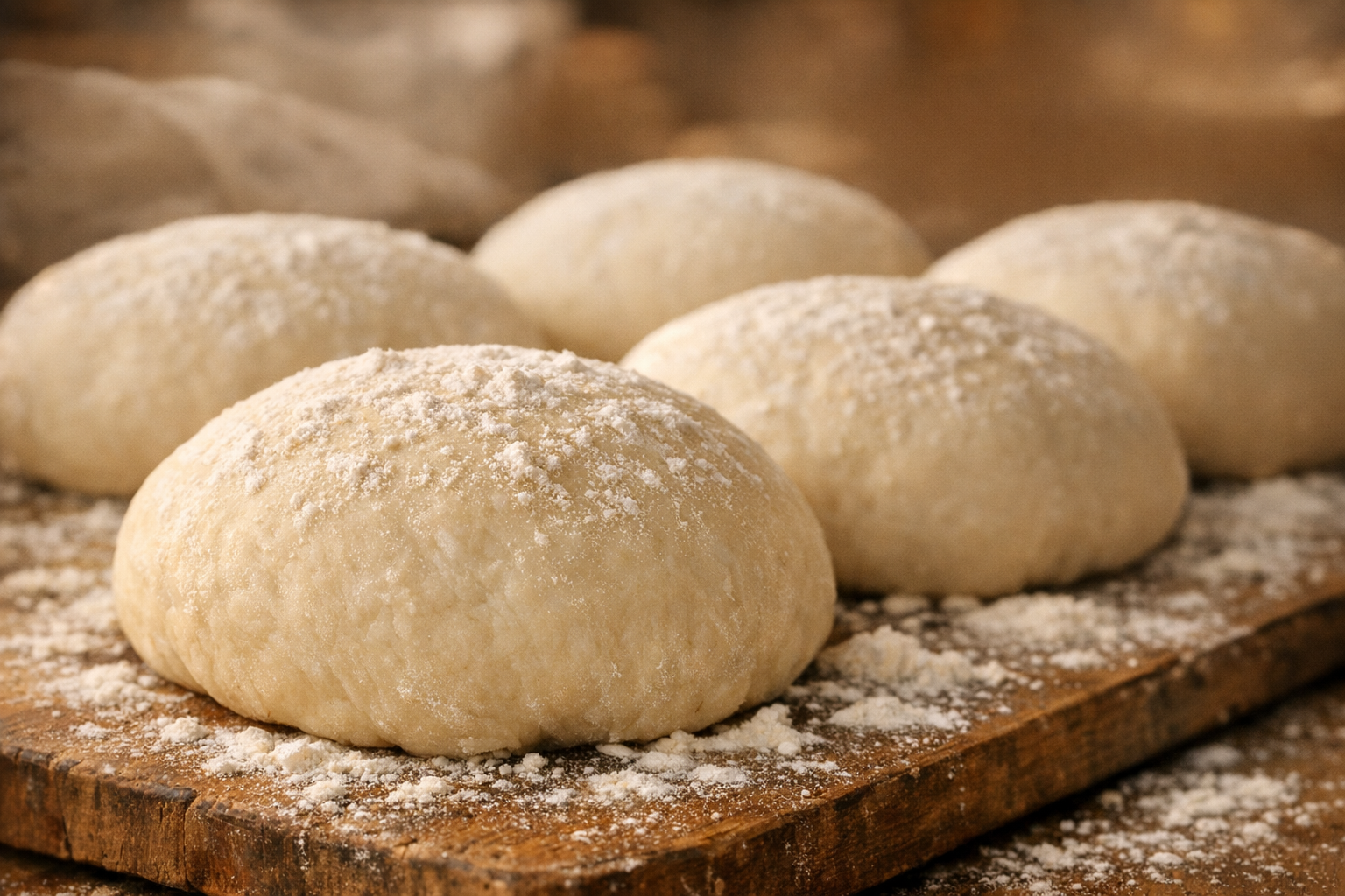 Pizza dough balls resting and proofing on a wooden board