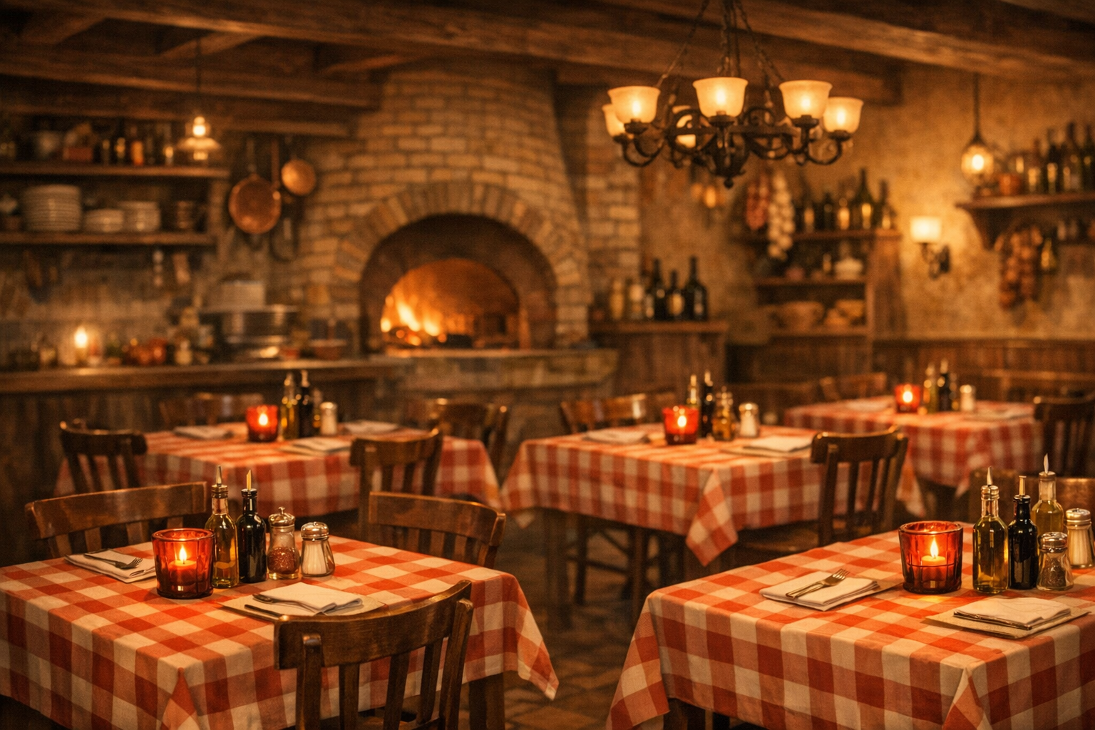 Warm, inviting pizzeria interior with traditional atmosphere